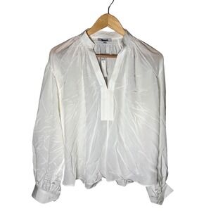 Madewell Women's White Long Sleeve V‎ Neck Blouse Smocked Collar Shirt Top